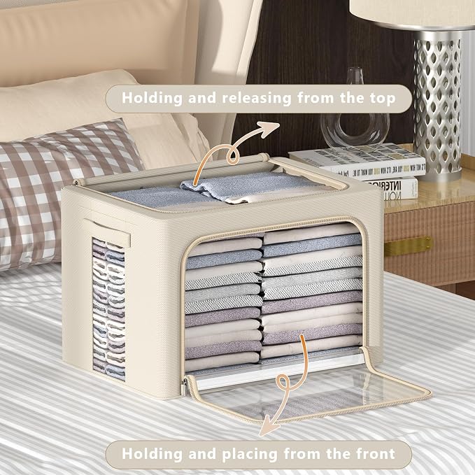CYhom 3Pack Frame Storage Box - Clothes Storage Bin Bags Oxford Fabric Foldable Stackable Container Organizer Set with Clear Window & Carry Handles (Beige, X-Small-36L) - Image 2