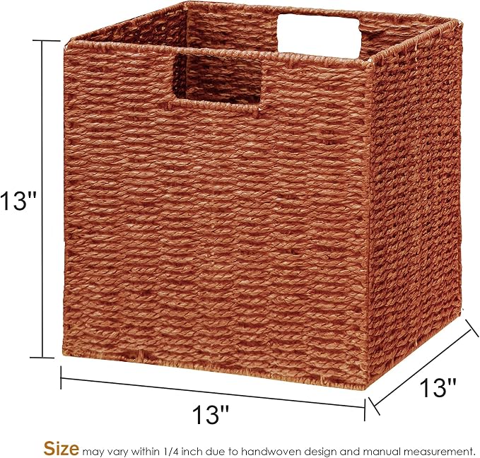 Vagusicc Wicker Storage Basket, Set of 2 Hand-Woven Paper Rope Wicker Basket, Foldable Cube Storage Bins, Square Large Storage Baskets for Organizing Shelves & Decor, Orange (13″×13″×13″) - Image 3