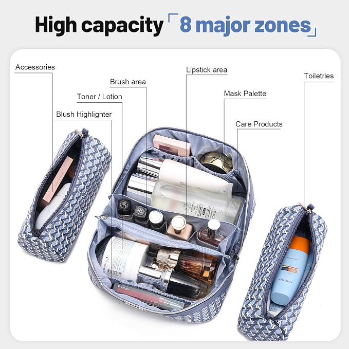 BOYATU Travel Makeup Bag Cosmetic Bags for Women: Large Capacity 3 Pcs Set Make up Bag with Compartments - Waterproof Vegan Leather Toiletry Organizer Bags with Handle (M-77Blue) - Image 4