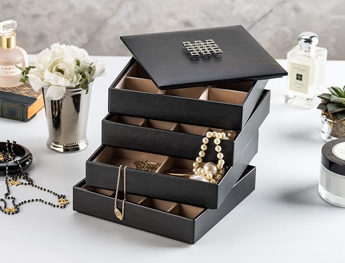 Glenor Co Earring Organizer Tray - 4 Stackable Trays with Lid -45 Slot Classic Jewelry Storage Display Case for Drawer or Dresser - Holder for Earring Ring Necklace or Cufflinks - Large Mirror - Black - Image 2