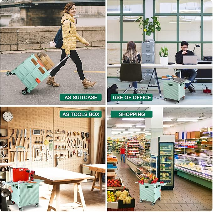 FELICON SELORSS Folding Utility Cart Portable Rolling Crate Handcart-Green | Magnetic Sliding Lid,Telescoping Handle,Plastic Box Dolly,360°Swivel Wheels for Travel Shop Move Laundry Office Teacher Use - Image 6