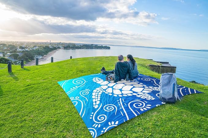 WEKAPO Beach Blanket Waterproof Sandproof Oversized Extra Large Sand Free Beach Mat with Stakes, Storage Bag - Essentials for Outdoor Beach, Picnic (Gradient Blue Sea Turtle, 8 X 7 FT (1~4 Person)) - Image 8
