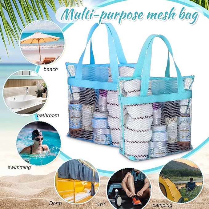 20 Pcs Mesh Beach Bags Bulk Portable Mesh Shower Caddy Bags with Zipper & 2 Pockets Hanging Toiletry and Bath Organizer for Beach Gym Camp Swimming Travel College Dorms (Macaron Color) - Image 3