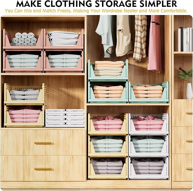 SNSLXH 8 Pack Stackable Closet Storage Bins, Multifunctional & Foldable Closet Organizers and Storage for Bathroom Kitchen Laundry Room Drawer Shelf Storage, Space-Saving Wardrobe Organizer, White - Image 3