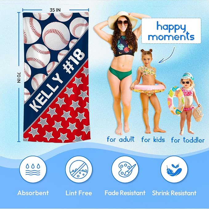 Personalized Beach Towel With Name, Custom Beach Towel with Text, Customized Microfiber Pool Towel, Quick Dry & Absorbent Swim Towel for Adult,Anniversary, Birthday, Summer Holiday,Vacation,Baseball - Image 3