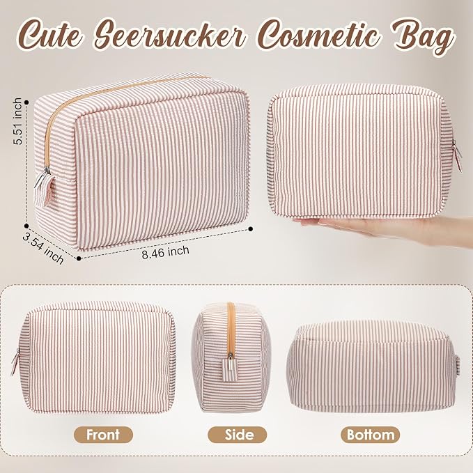 Sanwuta 6 Seersucker Cosmetic Bag Bulk Striped Makeup Bag for Women Aesthetic Cute Travel Toiletry Organizer Preppy Storage Pouch for Wedding Bridesmaid Mother's Day Teacher Gift (Large,Khaki) - Image 2