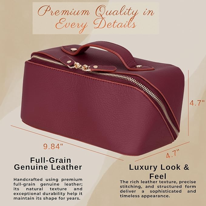 VENOULT Makeup Bag, Spacious Cosmetic Case for Women, Portable 180° Wide-Open Flat Cosmetic Bag, Travel Toiletry Organizer with Handle, Hanmdade, Full Grain Genuine Turkish Leather (Maroon) - Image 3