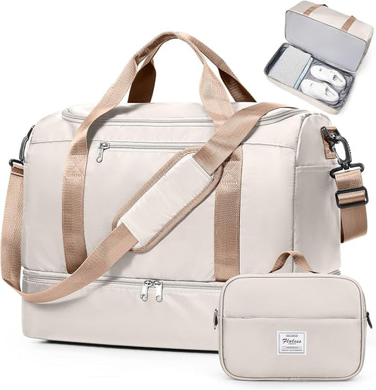 Travel Duffel Bag,Carry-On Overnight Weekender Bags with Shoes Compartment | Travel Bag with Wet Pocket & Toiletry Bag,For Spirit Airlines 18x14x8 Personal Item Bag,Small,Beige & Brown by SYCNB