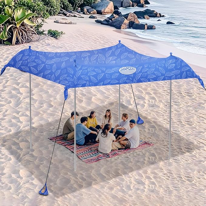 UMARDOO Family Beach Tent Canopy Sun Shade Portable, Large Compact Beach Sun Shelter Easy Setup with Packable Bag for Outdoor Travel (Printed Blue, 10X10 FT. 4Poles) by UMARDOO