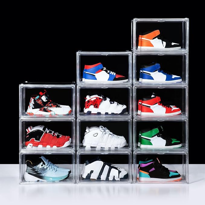 12 Pack Shoe Boxes, Clear Acrylic Stackable Plastic Sneaker Box Container, Magnetic Drop & Side Open Shoe Organizer Case Container With Lids Fits Up to Size 15(Transparency) - Image 2