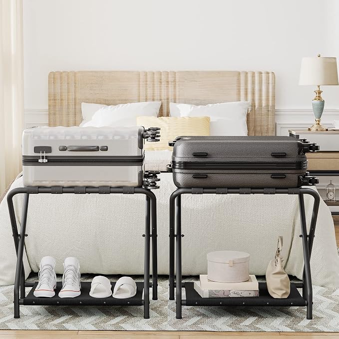 HOOBRO Luggage Rack, Pack of 2, Folding Suitcase Stand with Fabric Storage Shelf for Guest Room, Bedroom, Hotel, Holds up to 100 lb, 27 x 15.3 x 22 Inches, Space Saving, Black BK04XLP201 - Image 2