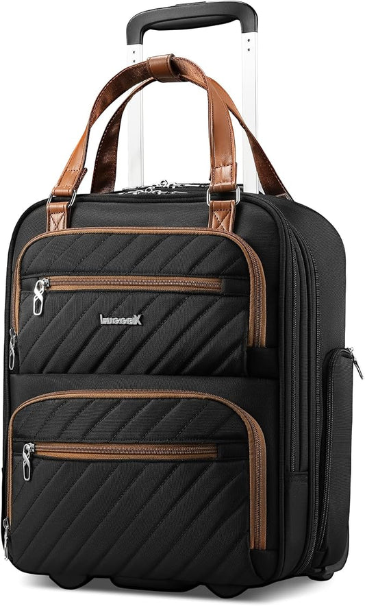 LUGGEX Underseat Carry On Luggage with Wheels, Stylish Lightweight Under Seat Luggage, Soft Sided Personal Item Suitcase for Short Trip (UX-Core, Chestnut Black, 16 Inch) by LUGGEXLUGGAGE