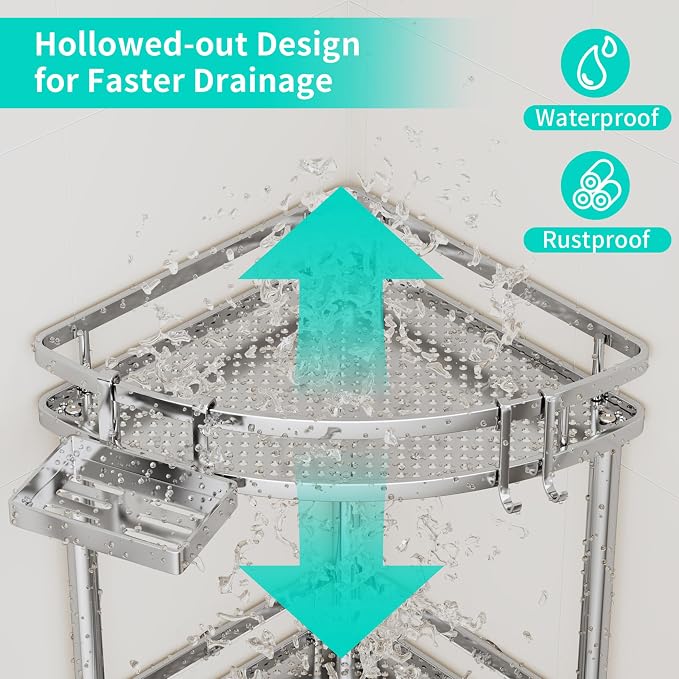 HapiRm Standing Corner Shower Caddy - 3 Tier Shower Organizer Corner with Soap Holder and 4 Hooks, Rustproof Bathroom Storage Shelves with Adhesives, Silver - Image 4