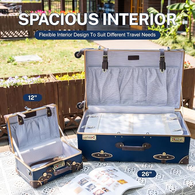 urecity 26" Vintage Luggage Set, 2 Piece Navy Blue Retro Checked Suitcase with Cosmetic Case, Luxury Vegan Leather Aluminum Frame Spinner Trunk for Women (with Protective Clear Cover) - Image 3