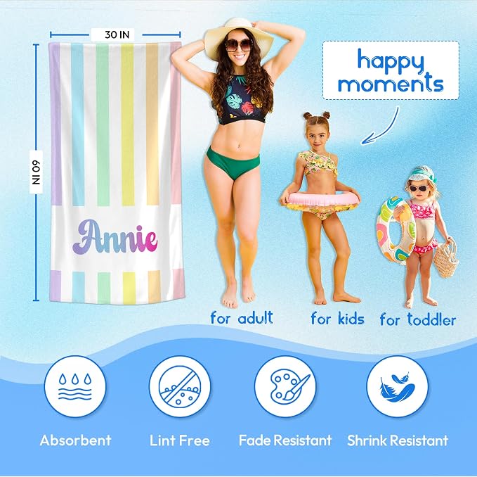 JML Personalized Beach Towel with Name, Custom Rainbow Cabana Stripe Beach Towel, Customized Microfiber Pool Towel, Quick Dry & Absorbent Swim Towel for Adult,Anniversary, Birthday, Summer Holiday - Image 3