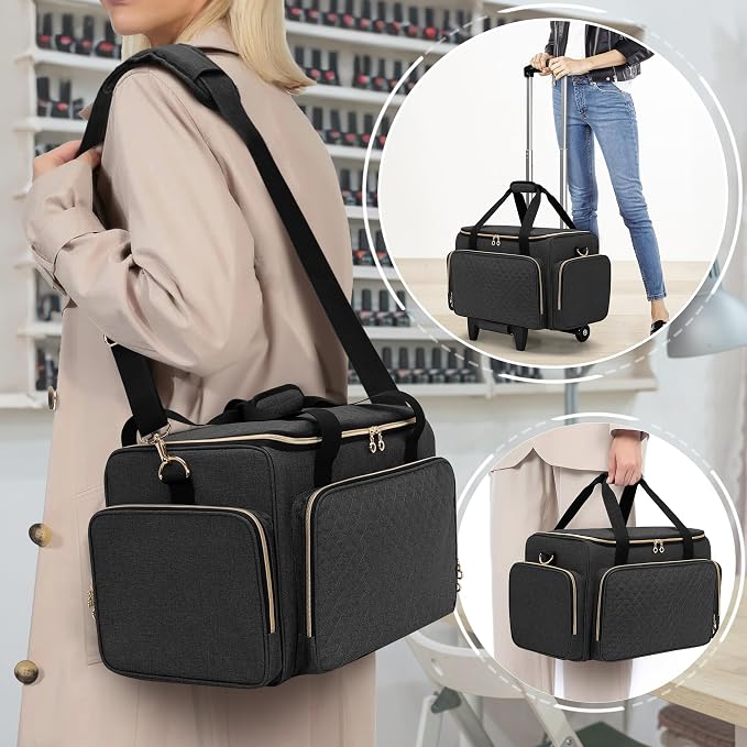 LUXJA Rolling Makeup Case with 3 Removable Makeup Bags and 1 Brush Holder | Large Cosmetic Bag with Detachable Shoulder Strap and Dolly, Professional Train Case with Multiple Storage Pockets, Black - Image 6