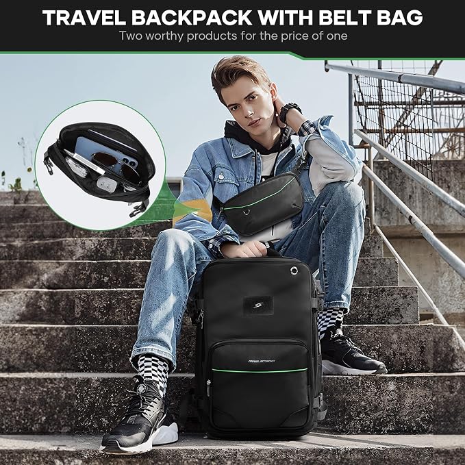 Maelstrom Travel Backpack for Men Women, 35L Carry on Backpack for Traveling on Airplane,with Belt Bag&Shoe Compartment,Waterproof Laptop Backpack fit 17”Laptop-Classic Black, Large - Image 2