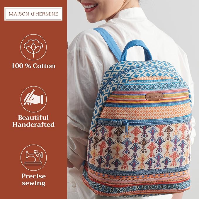 Maison d' Hermine Backpack for Women Men Cotton Shoulder Multipurpose Rucksack with Small Pouch Lightweight Multi Pocket Bag for Travel Work Beach Perfect for Spring Summer (Ikat - Iktan) - Image 2