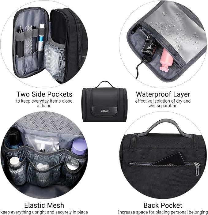 WITZMAN Toiletry Bag for Men Nylon Hanging Water-resistant Shaving Dopp Kit | With Dry-wet Separation Pocket, Multi-pockets for Organized Storage, Lightweight, For Travel, Bathroom, B690 Black - Image 5