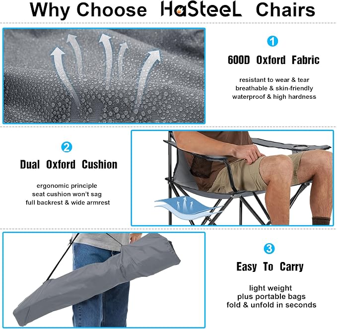 HaSteeL Camping Chair for Adults, Folding Beach Chair Set of 2, Large Foldable Portable Chair for Outdoors Fishing, Hiking, Sporting, Travel, Picnic, Lawn, Hold 275lbs & A Storage Bags (Grey) - Image 4