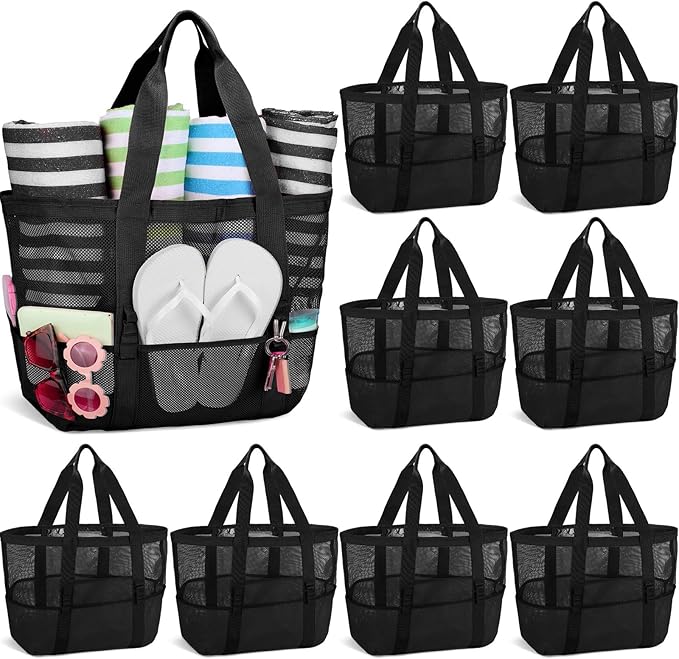 Hillban Large Beach Mesh Bags Bulk for Women Beach Tote Bag with 8 Pocket Zipper Waterproof Sandproof for Pool Cruise Ship by Hillban