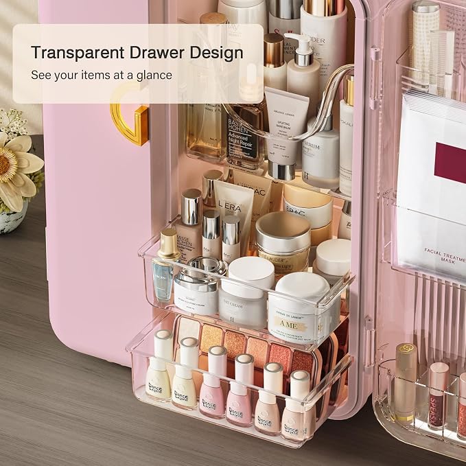 UAK Makeup Organizer with Drawers for Vanity, Cosmetic Display Case with Brush Holders, Storage for Skincare Countertop Bathroom (Pink) - Image 4