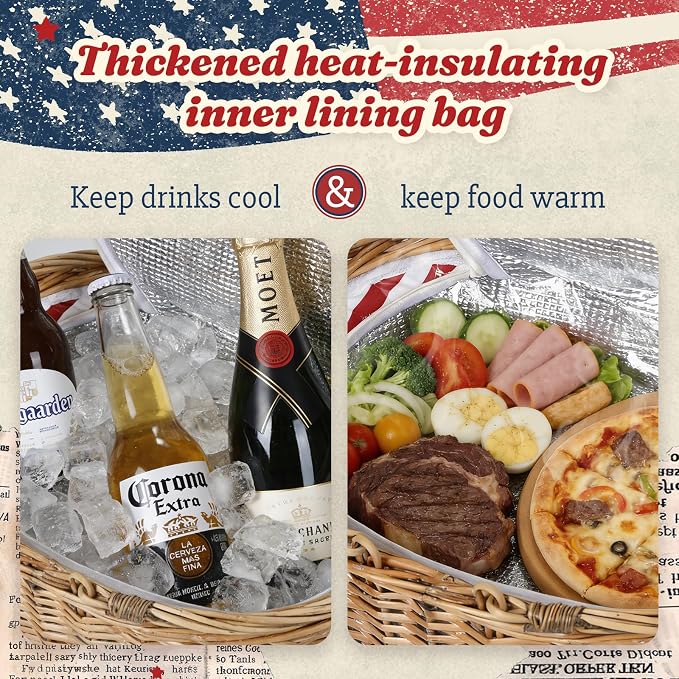 Wicker Picnic Basket with Insulated Lined Bag 15“ x 11” x 7“ Red, White Star Stripe Pattern, Iced Beer Insulated Bag for Camping, Picnics, Birthday Gifts, Wedding Gifts - Image 4
