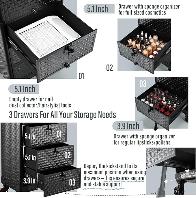 Yueieoun Salon Cart with 3 Drawers, Nail Trolley Cart with Wheels Salon Station Rolling Makeup Train Case Cosmetology Case Organizer Cases for Nail Tech,SPA,Face Painting,Hairstylist,Makeup Artist - Image 3