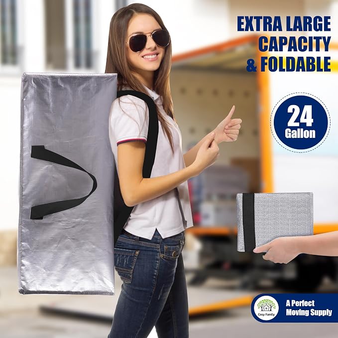 Cosy Family 8 Pack Heavy Duty Extra Large Moving Bags with Backpack Straps - Strong Handles & Zippers, Storage Totes For Space Saving, Fold Flat, Alternative to Moving Box (Set of 8, Silver) - Image 7