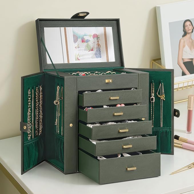 AKOZLIN 6-Tier Jewelry Box Organizer Functional 5 Drawers Leather Jewelry Storage Case for Women Girls Ring Necklace Earring Bracelet Holder Organizer with Mirror Extra Large Darkgreen - Image 7