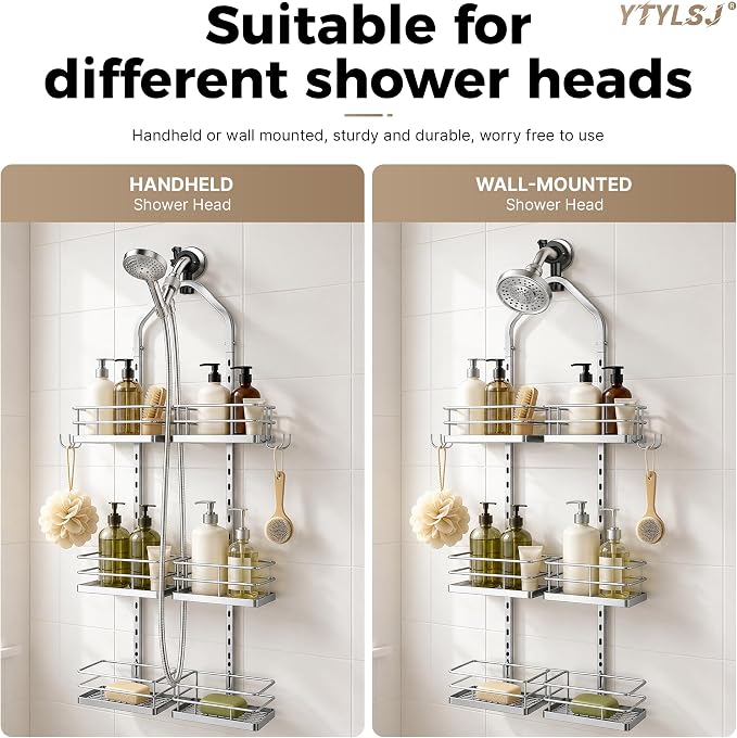 3-Tier Hanging Shower Caddy, Stainless Steel with Dual Clamp, Silver | Heavy-duty stainless steel, adjustable shelves for large families, Rustproof, tool-free install, Fits handheld showerheads - Image 5