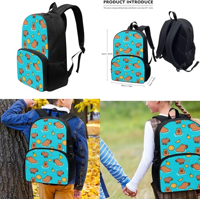 Capybara Backpack for School with Lunchbox and Pencil Case Kawaiian Backpacks for Girls Boys 17 Inch Kid's Schoolbag for Elementary Middle High School, 3 Piece - Image 3