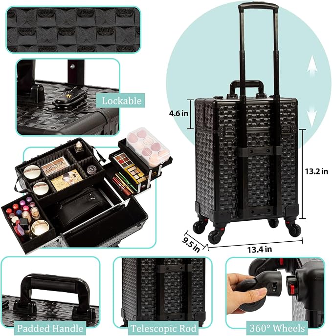 Arous Rolling Train Makeup Case Cosmetology Case on Wheels, Black | Cosmetic Travel Trolley 4 Tray with Sliding Rail Removable Middle Layer with Key Salon Barber Case Traveling Cart Trunk - Image 5
