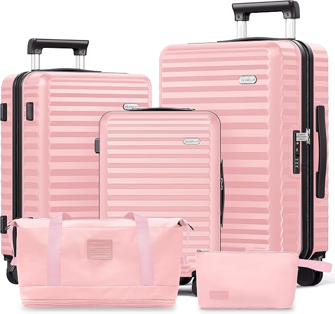 SHOWKOO Luggage Sets 3 Piece Hardside Expandable Suitcase with Double Spinner Wheels Tsa Lock, (Pink, 5 piece set) by SHOWKOO
