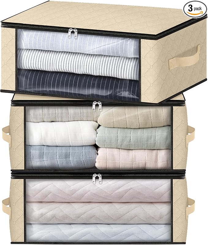 HomeHacks Storage 3-Pack Clothes Organizer Storage Bags Foldable Storage Box with Large Clear Window Sturdy Handles for Closet, Dorm, Pillows, Bedding, Clothes, Blankets, 35L, Beige by HomeHacks