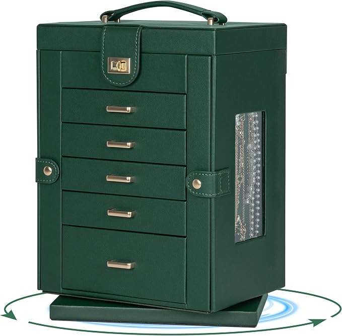 AKOZLIN 6-Tier Jewelry Box Organizer Functional 5 Drawers Leather Jewelry Storage Case for Women Girls Ring Necklace Earring Bracelet Holder Organizer with Mirror Green 360° Rotating - Image 5