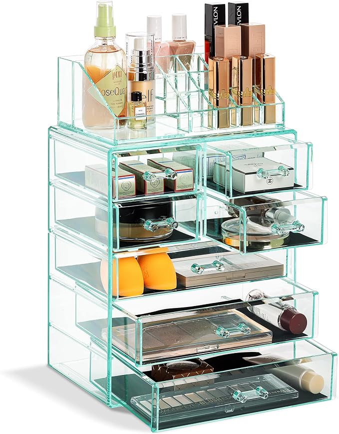 Sorbus Acrylic Makeup Organizer Set, 7-Drawer Vanity & Countertop Cosmetic Storage with Small & Wide Compartments, Teal Thrill Makeup Storage for Brushes, Jewelry – Holiday Gift for Women & Teens by Sorbus