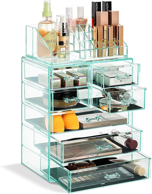 Sorbus Acrylic Makeup Organizer Set, 7-Drawer Vanity & Countertop Cosmetic Storage with Small & Wide Compartments, Teal Thrill Makeup Storage for Brushes, Jewelry – Holiday Gift for Women & Teens by Sorbus