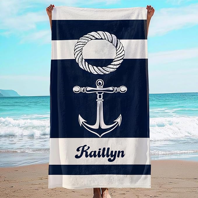 JML Personalized Beach Towel with Name, Custom Anchor Beach Towel, Customized Microfiber Pool Towel, Quick Dry & Absorbent Swim Towel for Adult,Mother's Day, Birthday, Summer Holiday,Vacation by JML