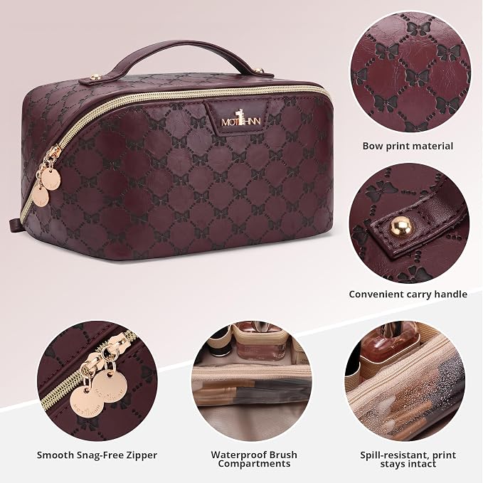 Travel Makeup Bags for Women: 3 Pcs Set Luxury Bow Print Make up Bag - Large Capacity Cute Cosmetic Case - 3–15 Day Travel Toiletry Organizer Bag, Comes with An Gift Box(Coffee brown) - Image 3