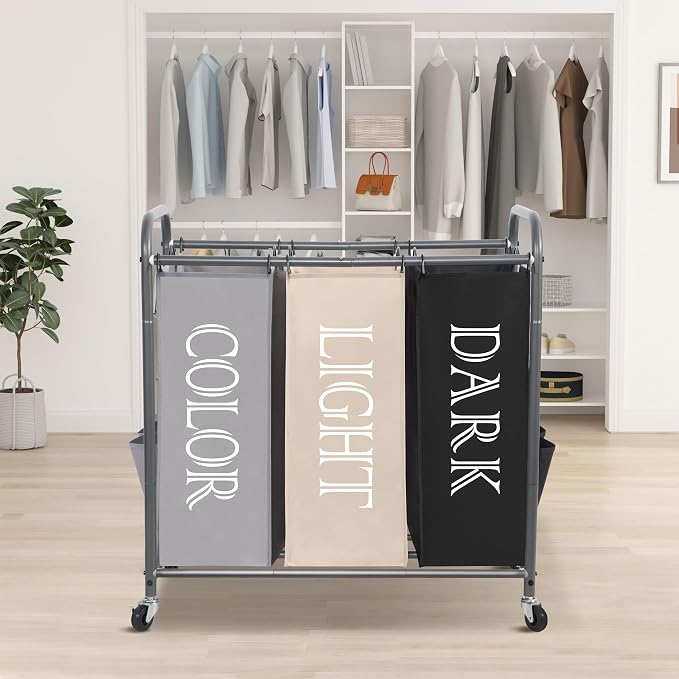 STORAGE MANIAC 3 Section Laundry Sorter, 35.6 Gal (135 L) Laundry Hamper Cart with Heavy Duty Rolling Lockable Wheels and Removable Bags, Clothes Organizer Basket Separator Hamper, Multicolored - Image 7