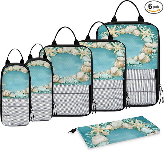 Beach Theme Starfish Shell Compressible Packing Cubes for Suitcase 6 Set Lightweight Expandable Compression Packing Travel Luggage Organizer by BICUUZHI