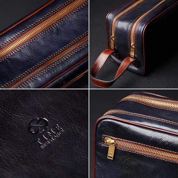 Time Resistance Leather Cosmetic Bag - Italian Toiletry Dopp Kit (Blue) - Image 5