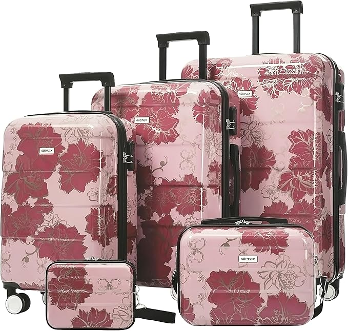 Merax Luggage Set,5 Piece Luggage with Handbag and Cosmetic Case | Hardside Printing Suitcase with Wheels,Carry on Luggage Airline Approved(Purple Pink Flower,8/14/20/24/28) by Merax