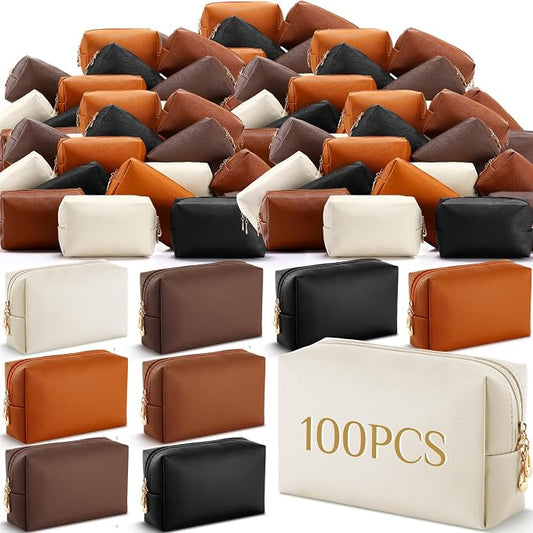 100 Pack Aesthetic Makeup Bags Bulk PU Leather Cosmetic Pouches Waterproof Toiletry Bags Makeup Pouches Bulk for Teen Girls Women Party Gift Travel Storage Back to Teacher Gift (Brown) by Cunno