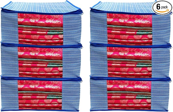 ANKIT INTERNATIONAL Saree Cover Storage Bags Pack of 06 – Non Woven Foldable Clothes Storage Organizer with Zipper & Clear Window, Wardrobe Garment Storage for Sarees, Dresses (Blue) by AI+ANKIT+INTERNATIONAL