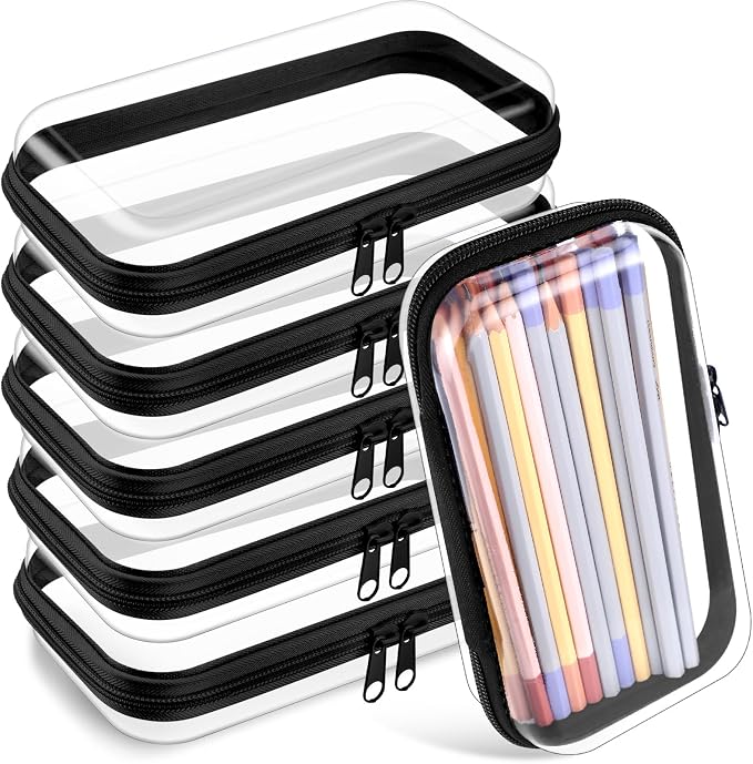 Sanwuta 6 Pcs Clear Hard Zipper Case Plastic Zipper Pouches Transparent Makeup Bag Pencil Case Pouches Toiletry Diaper Bag for Travel Toy Storage Organizer Bins(Black,7.48 x 3.94 x 2 Inch) by Sanwuta