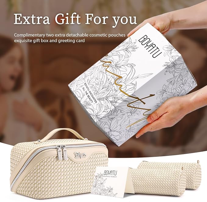 BOYATU Travel Makeup Bags for Women: Large Capacity Make up Bag with Wide Opening - 3 Pcs Set Waterproof Travel Toiletry Organizer for Full-Sized Bottles, Cosmetics & Brushes (Apricot-W) - Image 6