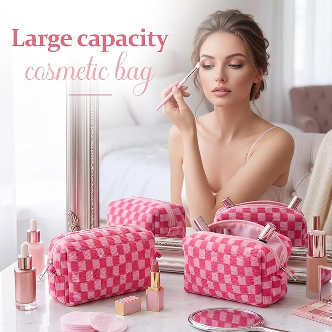 Gilprop 12 Pcs Checkered Makeup Bag for Purse Small Cosmetic Pouch Bulk Portable Zipper Makeup Pouch Travel Toiletry Organizer Gifts for Women Bridesmaid Wedding Party Favors (Hot Pink) - Image 4