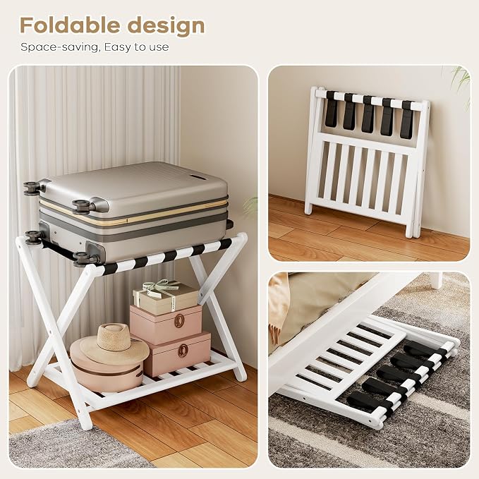 Luggage Rack for Guest Room - Set of 2 Full Assembled 26.77" L Luggage Rack Stand for Suitcases, Foldable Luggage Holder with Shoe Shelf for Bedroom, Hotel (White Bamboo Suitcase Stands) - Image 5